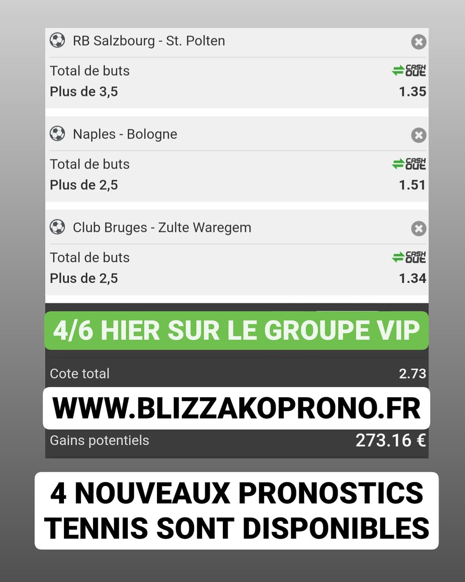 BOUMMM
4/6 HIER SUR LE GROUPE VIP âś…âś…âś…
POUR AUJOURD'HUI, IL Y A DEJA 4 PRONOSTICS TENNIS DE DISPONIBLE SUR https://t.co/nP7wXjA61O
#ligue1 #ligue1conforama #transfert #mercato #blizzakoprono #FDJ #teamparieurs #parionssport #parissportifs #parissportif #pronostic https://t.co/il3QbDBx3G