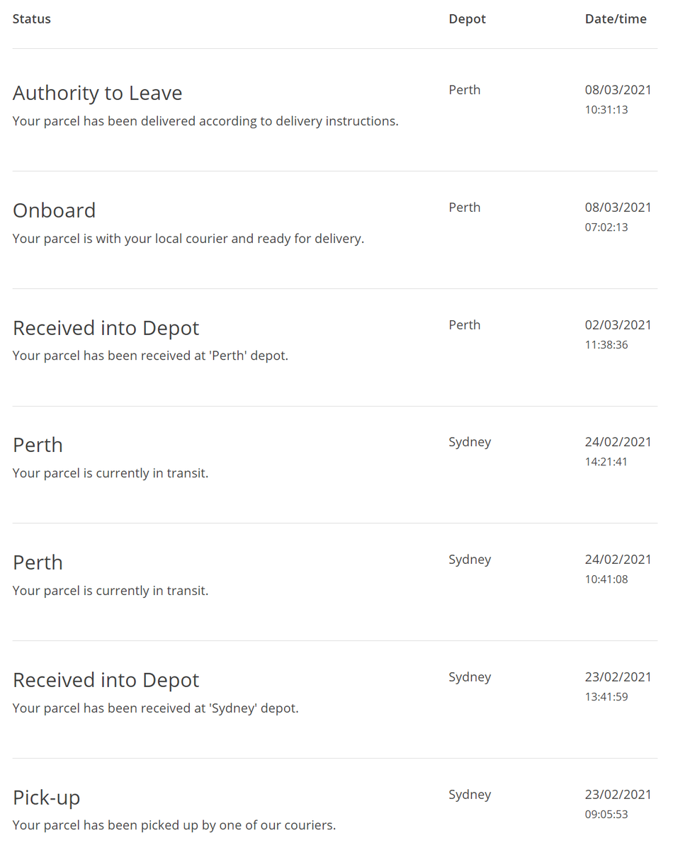 dave_oreardon's tweet photo. My package just took #fastwaycouriers 13 days to get from NSW to Perth. No wonder they've just renamed themselves to @aramex. The one thing the corporate rebranding team all agreed on was that "fast" was putting them at risk from the ACCC. PS Choose your couriers wisely @BIGW https://t.co/Bj1XBhzCZ6
