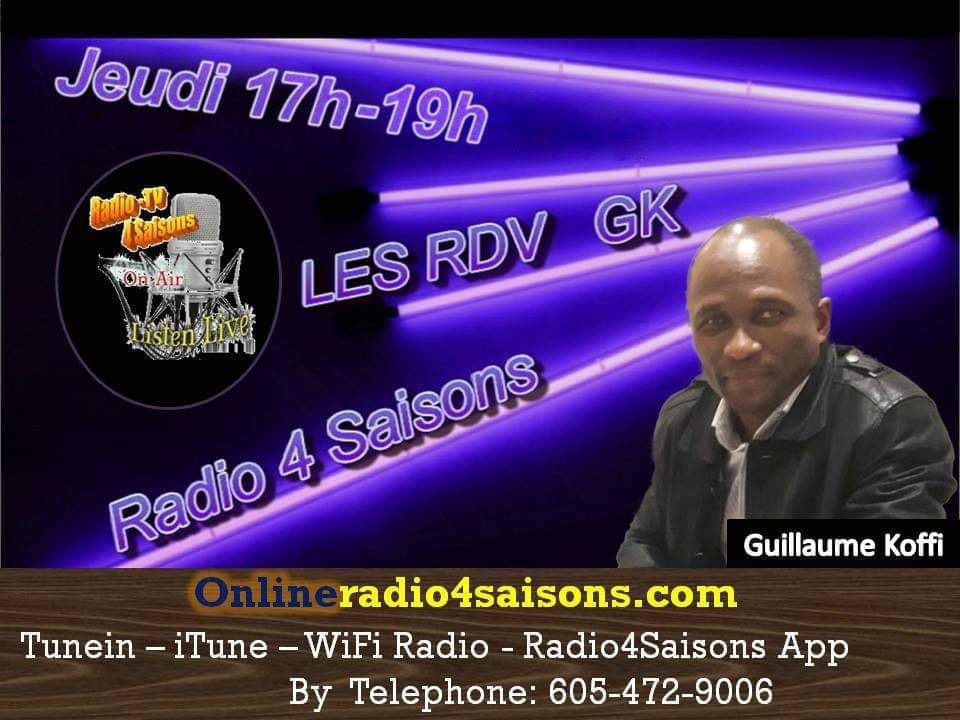 LES RDV GK, sur Radio4saisons (radio4saisons.com).
*Invité: Dr AMADOU BA (Enseignant-chercheur)
*Thème: Francophonie et africanité
*Date: Jeudi 11 mars
*Heure: 17h-19h (HNE)/ 22h - minuit (TU). 
gkconseilconsulting.com
#LESRDVGK #LesRdvDeGuillaumeKoffi #GKConseilConsulting