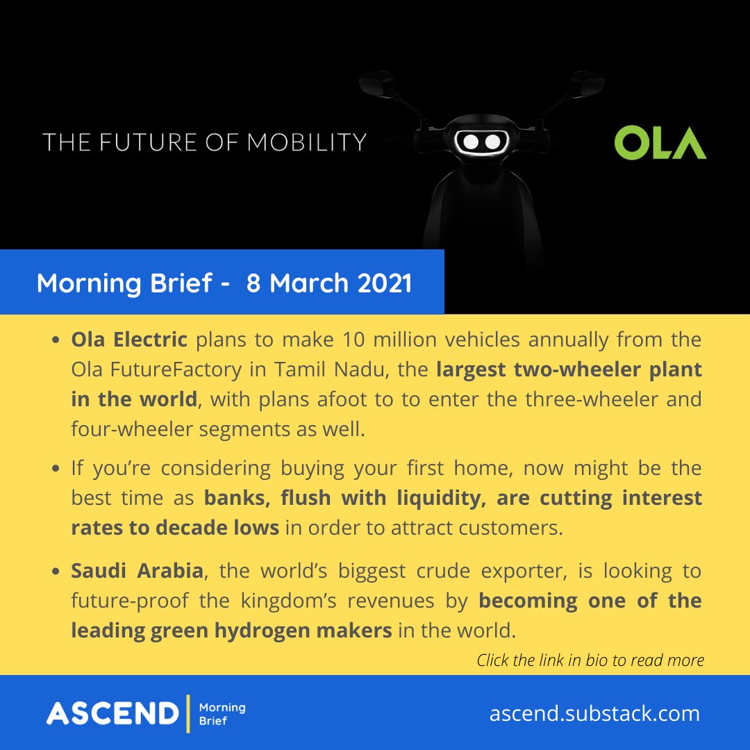 AscendNews's tweet photo. Ola’s electric dreams, home loan rate war, ultra-rich tax and other news
Read here: https://t.co/HGmPekDzR8
Stay on top of the latest business news in under 5 minutes.

#newsletter #OlaElectric #Ola #GreenHydrogen #AirAsia #HerCircle #Microsoft https://t.co/2gx5JSDE1O