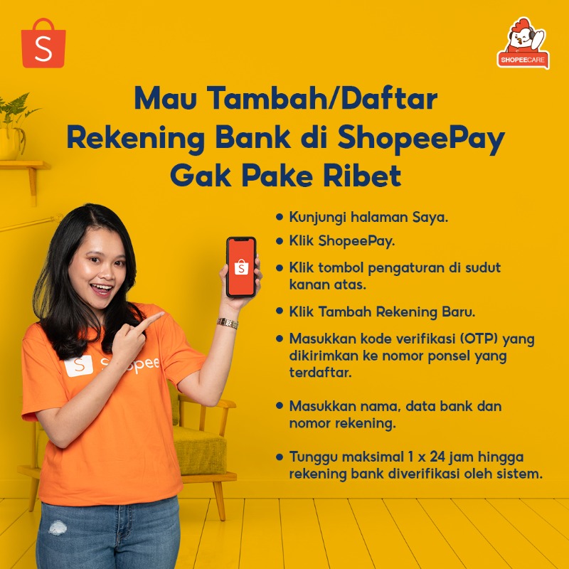 ShopeeCare's tweet photo. Hai Sobat Shopee! Kamu mau daftarin atau tambah rekening di ShopeePay?🤔 Gampang banget lho caranya! 🤩 Yuk langsung aja ceki-ceki infonya di gambar di bawah👇 #Shopeecare