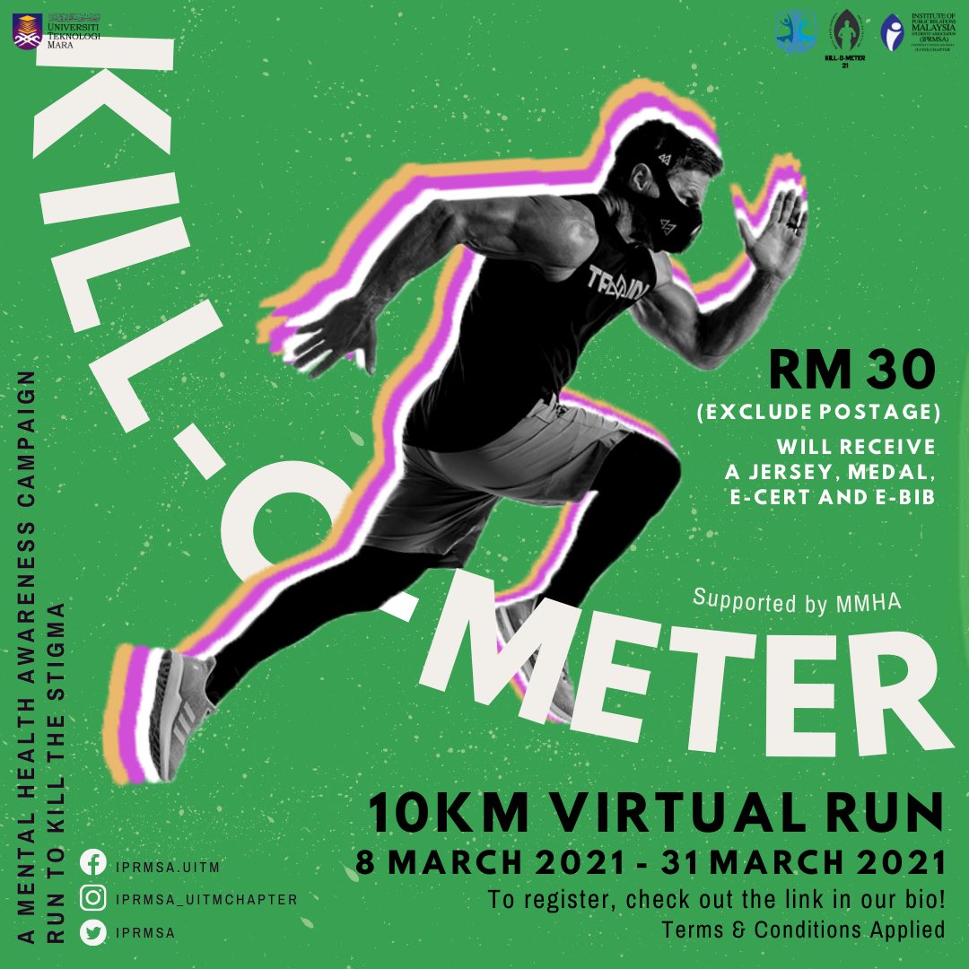 IPRMSA's tweet photo. Ready, set and....GO! 🏁🏁
The starting date of Kill-O-Meter Virtual Charity Run has finally begun! So, run like you mean it, even if it's for 1km a day 😉
Registration's still open, so come join the fun 🤩
#KOM21 #virtualrunmalaysia #webinar #iprmsa #uitm #mentalhealthawareness https://t.co/Uc9gZBCXcd