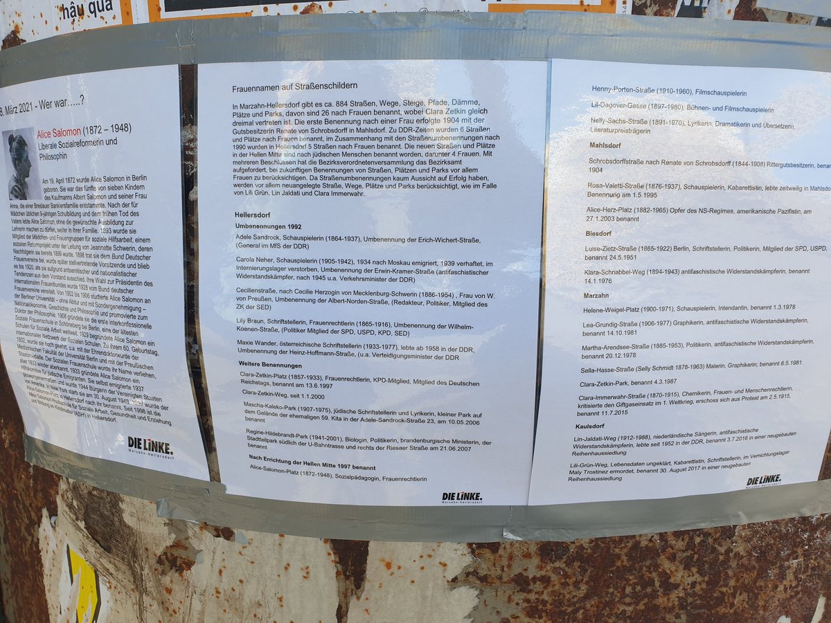 k_ronneburg's tweet photo. Wir erinnern heute am #8Maerz in #Hellersdorf an die Frauen, nach denen unsere Straßen und Plätze benannt sind.  Viele bleiben stehen und beschäftigen sich mit den Biographien. #Frauentag #Frauenkampftag #MaHe https://t.co/zV2H8J6c3a