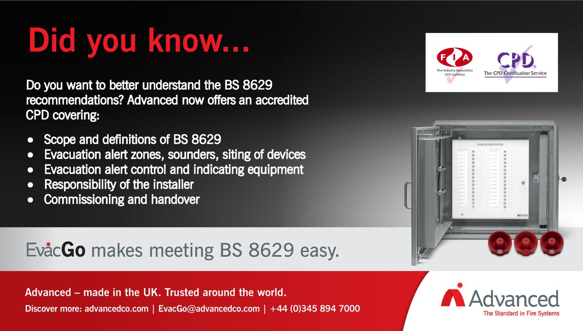 advancedlive's tweet photo. Our CPD and FIA-approved presentation: A guide to meeting #BS8629 is now available. To register your interest in an upcoming course, please contact enquiries@advancedco.com 

For all BS 8629 #evacuationalertsystem questions, please email us at EvacGo@advancedco.com

#evacuation https://t.co/vSgBB8V8fC