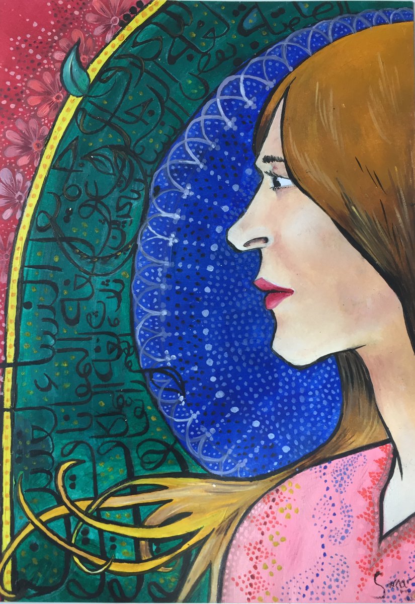 Inspired by a poem by #MonaKahf the syrian/American #feminist poet this piece blends #arabiccalligraphy and #ArtNouveau, showcasing my and every woman’s complex blended identity. Let’s take more than ONE day to celebrate each and every one of us #happywomensday 
#happywomensmonth
