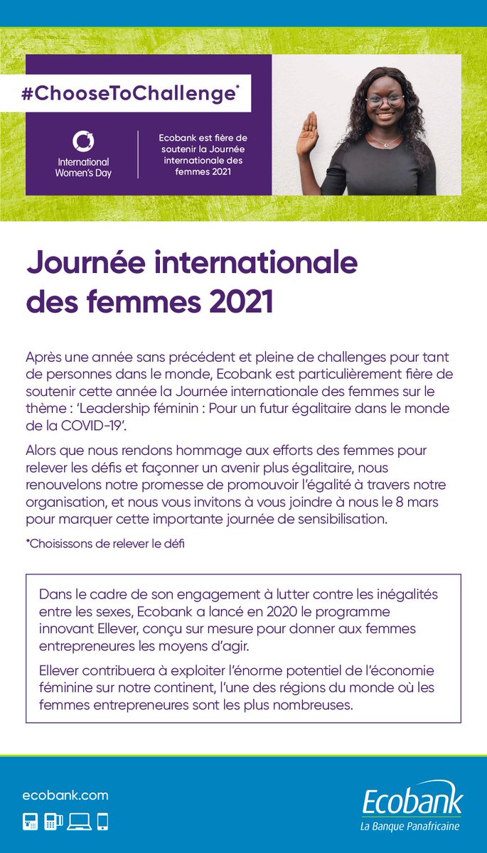 Nous y sommes! Nous célébrons la Journée internationale des femmes! Nous défendons avec force l'égalité des genres et nous soutenons la formation, le développement et l'autonomisation des femmes. Taguez une personne et montrez votre soutien!
#JIF2021 #ChooseToChallenge