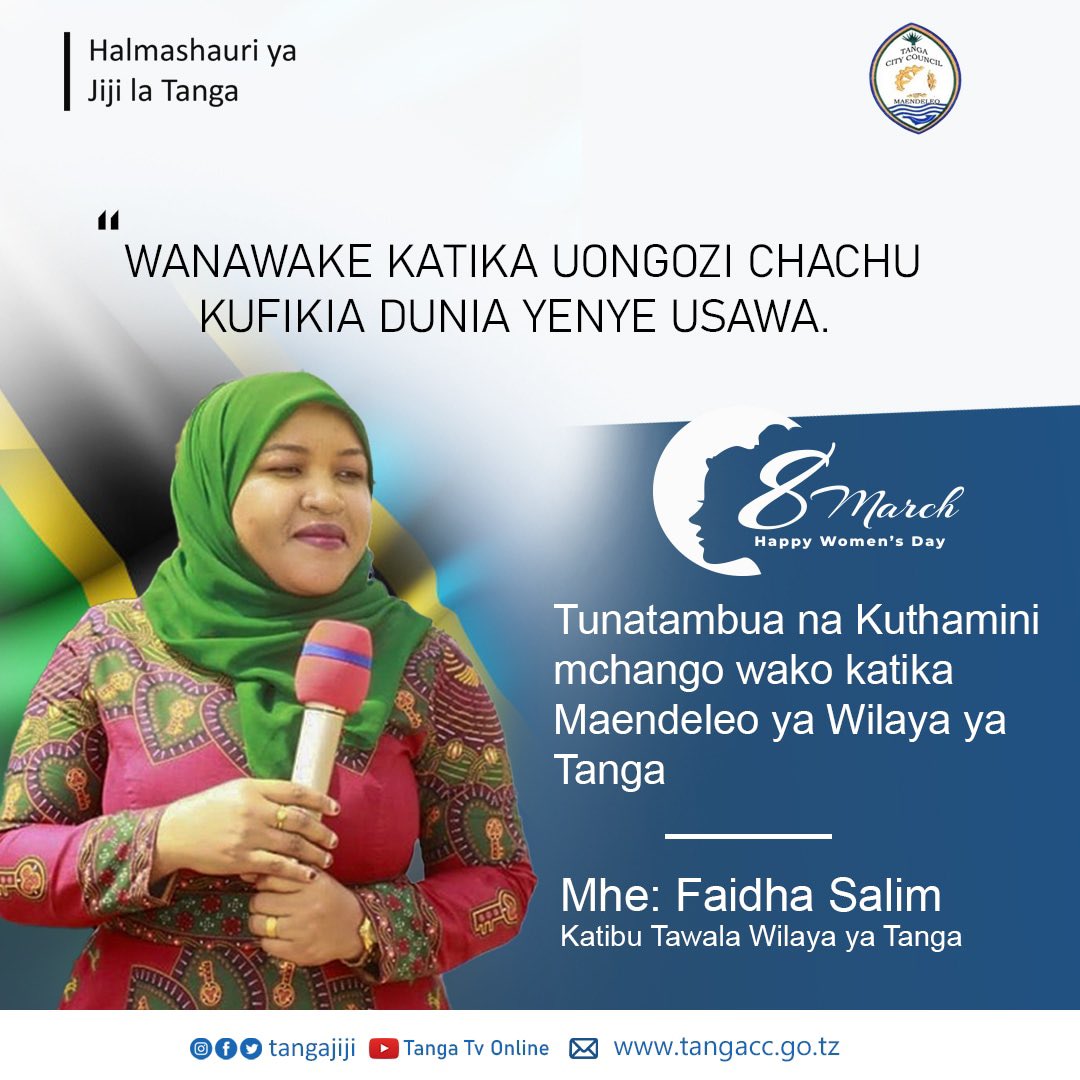 TangaCC's tweet photo. #SikuYaWanawake 
Tunatambua na Kuthamini Michango yenu katika Maendeleo ya Wilaya ya Tanga.
“Wanawake Viongozi Chachu Kufikia Dunia yenye Usawa”.
#tangajijiupdates https://t.co/0lAnOMsS9P