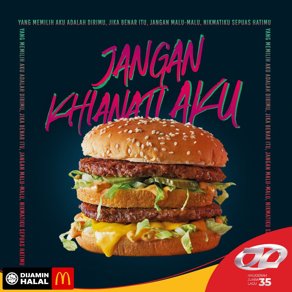 McDMalaysia's tweet photo. "Sebab tu lah Big Mac bertingkat-tingkat! Dapat lah nikmati kesedapannya berkali-kali. Takkan pernah rasa dikhianati!”
Saksikan Anugerah Juara Lagu ke-35, sambil tu jangan lupa pesan McDelivery!

#AJL35 #JanganKhianatiAku #Azlan #TheTypewriter #McDelivery #BigMac" https://t.co/vH8udb1tPv