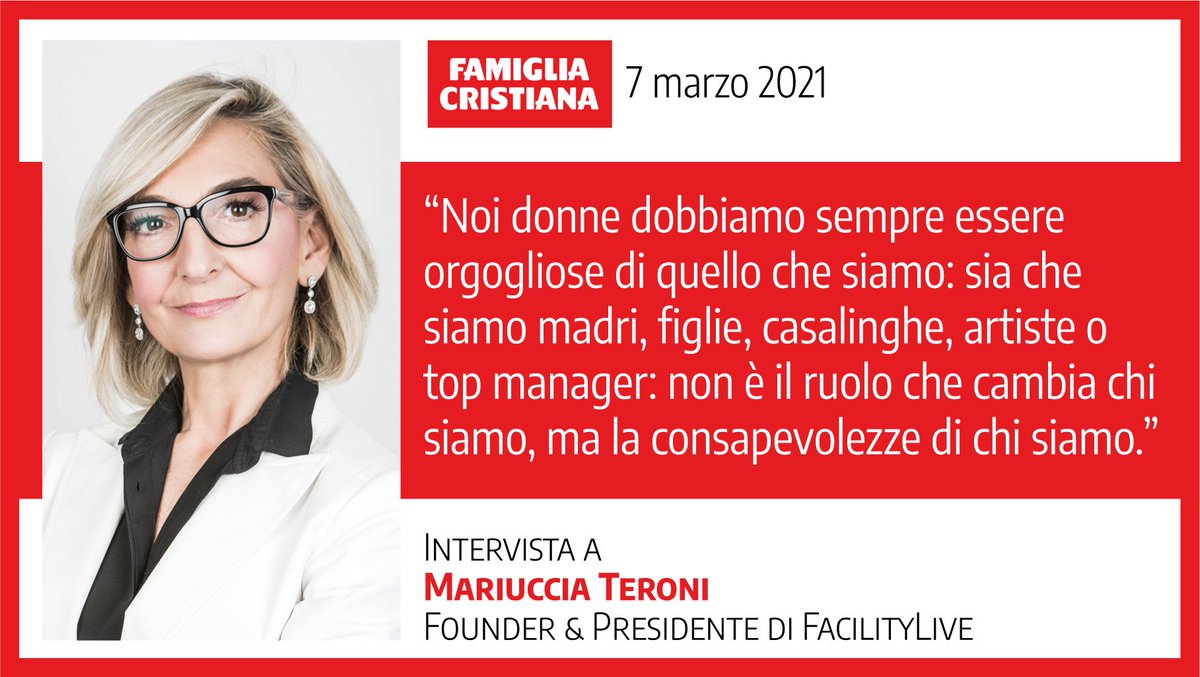 “L'amore per il proprio #lavoro, il #talento e la riuscita non hanno #genere”
In occasione della Festa della Donna, <a href="/MariucciaTeroni/">Mariuccia Teroni</a> si racconta su <a href="/fam_cristiana/">Famiglia Cristiana</a>. 
Leggi l’intervista: bit.ly/38hTE9i 
#festadelladonna