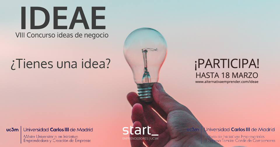 master_uc3m's tweet photo. 📌Vuelve el consurso de ideas de negocio #IDEAE, con su 8ª edición.
Si eres #emprendedor y tienes una 💡 idea, ya sea inicial o casi terminada, inscríbe tu proyecto ⏳ antes del 18 de marzo.

Más información 👉 https://t.co/ICaZbkXp5y 

Organizado por @mieceuc3m y @StartUC3M https://t.co/VzbVPZ1F5Q