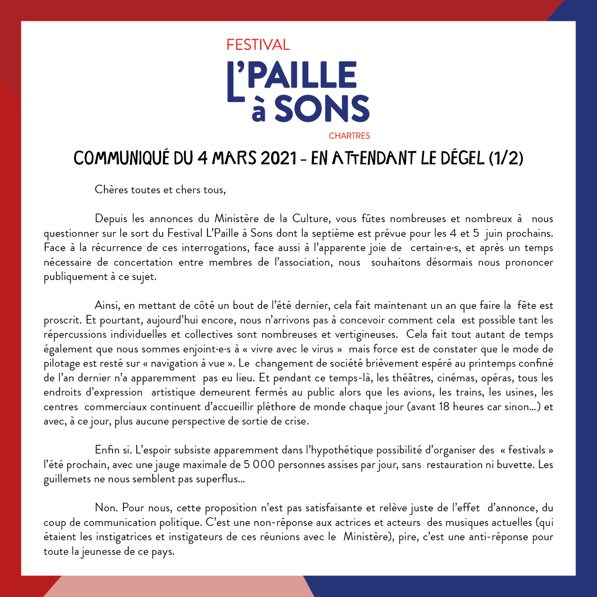lpailleasons's tweet photo. [❄]

Situation inchangée, si ce n'est qq annonces en hautes sphères. Du coup, on vous donnait de nos nouvelles jeudi dernier:

👉 Festival maintenu pour l'instant;
👉 RDV avril pour la suite des aventures;
👉 On espère que vous aussi vous tenez le coup !

CULTURE ESSENTIELLE ✊ https://t.co/0rd3yuknvM