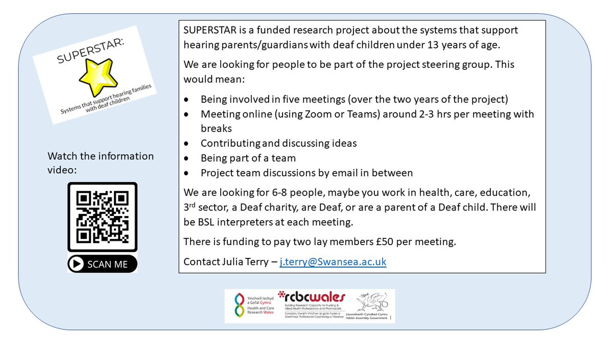 Looking for people in Wales to join project steering group. Research on what supports hearing parents with deaf children #SUPERSTAR check out video -  bit.ly/3qs1un1  <a href="/SwanseaUni/">Swansea University</a> @HumanandHealth <a href="/bsmhdeaf/">BSMHD</a> <a href="/NDCS_Cymru/">National Deaf Children's Society Cymru</a> <a href="/NDCS_UK/">National Deaf Children's Society</a> Please RT