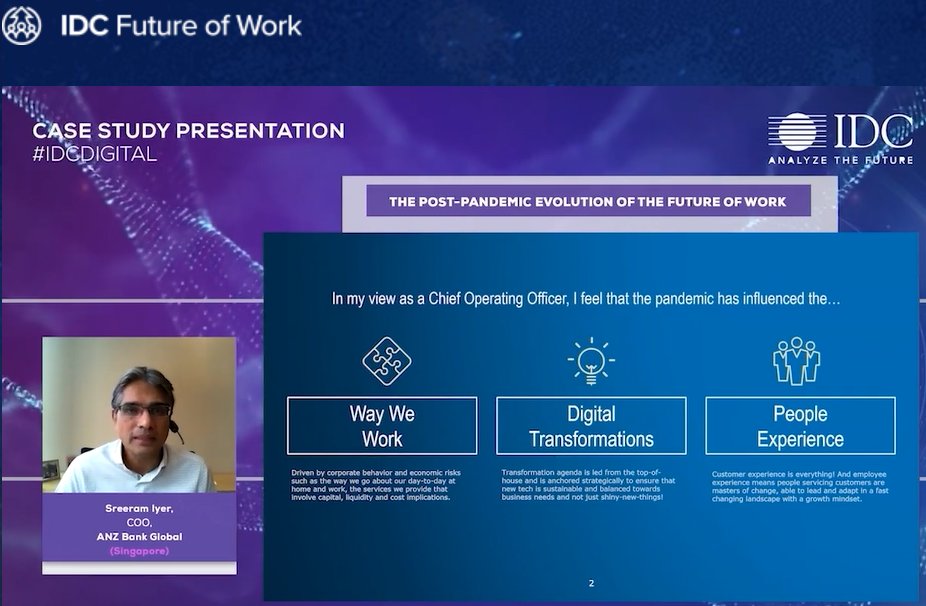 IDCMEA's tweet photo. Impact of #COVID19 has effected on the #waywework #DigitalTransformation  #peopleexperience shares Sreeram Iyer, COO, ANZ Bank Global (Singapore) #IDCDigital #IDCFutureofwork https://t.co/taXCZqMx0g