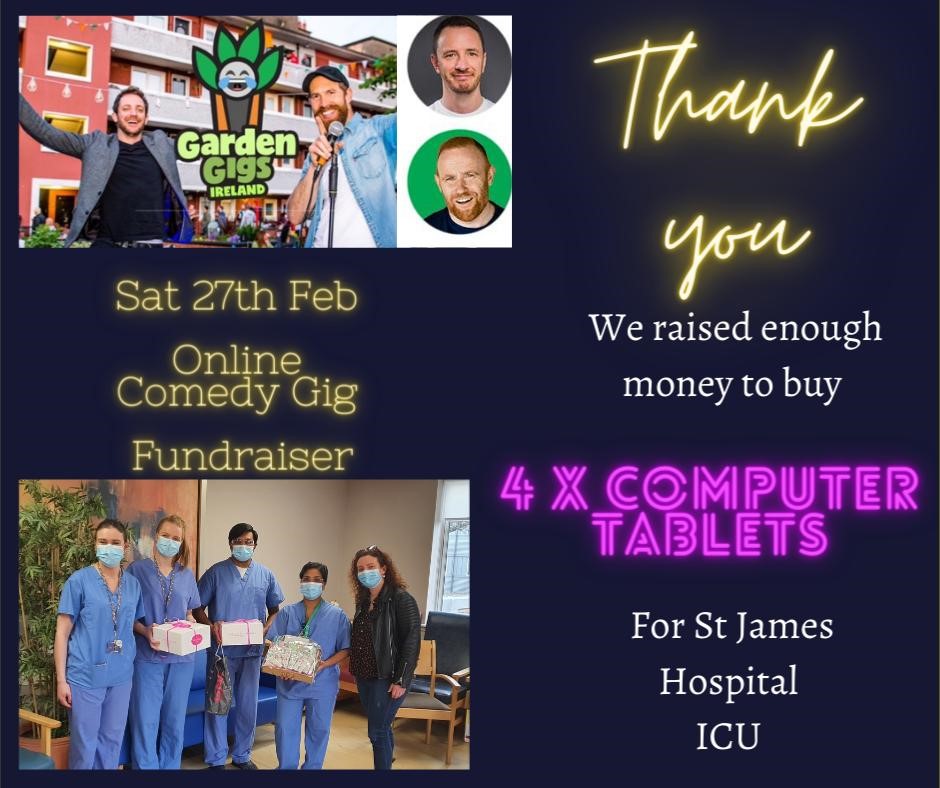 Big thank you to Jane Williams and all who supported her online comedy fundraising event for our Keith Shaw ICU in <a href="/stjamesdublin/">St James's Hospital</a> to purchase 4 tablet devices. 

#thanks <a href="/damianclark/">DamianClark</a> <a href="/gearoidfarrelly/">Gearoid Farrelly</a> <a href="/rohanloncomedy/">Rory o Hanlon -</a> @gardengigsireland  #stjameshospital #SJH #fundraiser #comedy