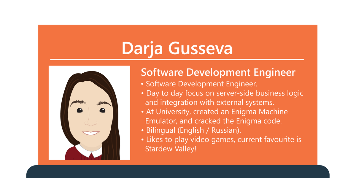 BlackMarble's tweet photo. Finally, here's Darja, one of our Software Development Engineers.  #WomenOfBlackMarble #InternationalWomensDay #IWD2021 https://t.co/yvRCVQ7ANY