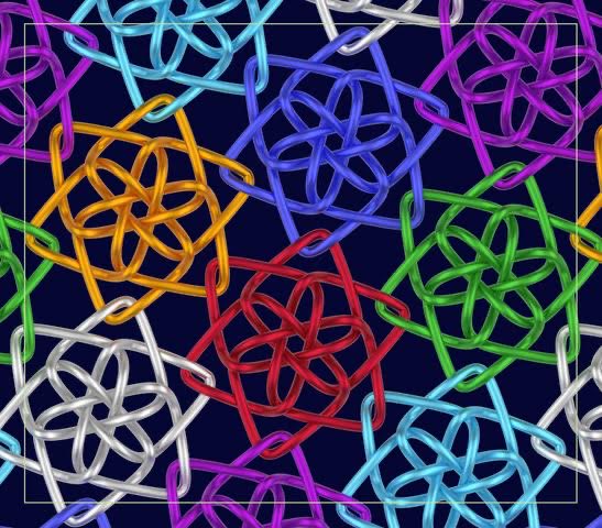 Looking at the links up close and personal. The rectangule is a fundamental region for the torus in question.  <a href="/BridgesMathart/">Bridges Math Art</a> #mathart