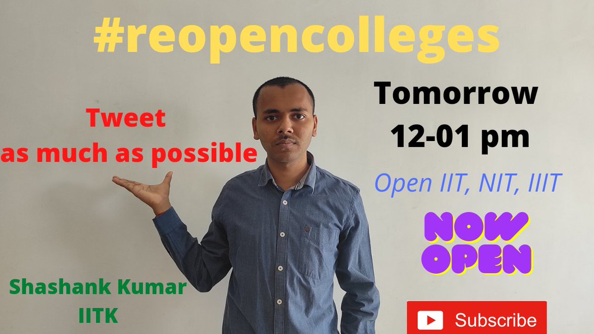 Shashan97462501's tweet photo. Open IIT, NIT, IIIT ๐
https://t.co/LJdEOKwpN7
#reopentechnicalcolleges
#reopencollege
#REOPENSCHOOLS
#Reopencolleges
#reopeniit
@IITKgp @IITKanpur @iitdelhi @iitbombay @iitmadras @IITISM_DHANBAD @PMOIndia @narendramodi @DrRPNishank @IITBHU_Varanasi @aajtak @RahulGandhi https://t.co/Jv8O40g45e
