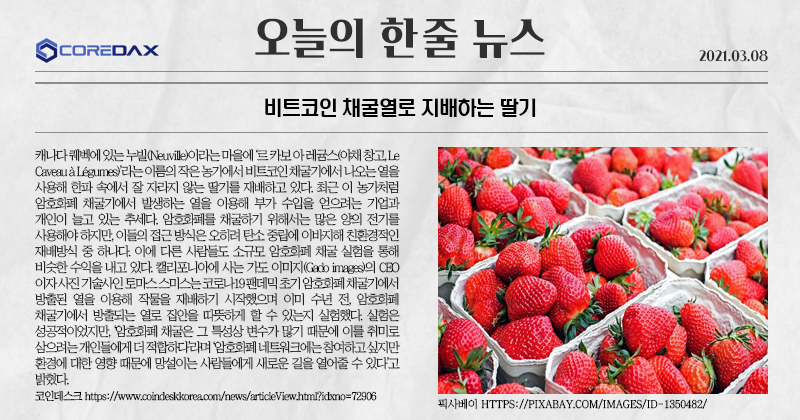 모두들 안녕! 오늘은 재밌는 소식을 들고왔어 
캐나다에선 비트코인 채굴열기로 딸기를 재배하는 농가가 있다고해! 친환경적 농법이라하니.. 한번 관심가져 볼만한걸? 

자세한 내용은 아래 사진을 참고해줘! 

#캐나다 #코어닥스거래소 #비트코인채굴 #비트코인딸기재배 #친환경농법