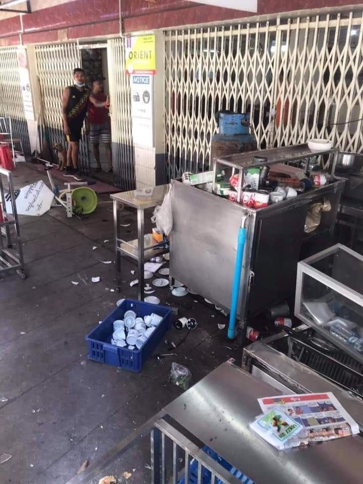 46th Street Yangon; military terrorists raided Orient cafe, tortured and seized 10 civilians who are working there. They also robbed snacks and money from the cafe. STOPE SEIGE #WhatIsHappeningInMyanmar #Mar8Coup 
#R2PforMyanmar <a href="/Reuters/">Reuters</a> <a href="/UN/">United Nations</a> @camanpour <a href="/UN_HRC/">UN Human Rights Council</a> <a href="/Juarawee/">Juarawee K. (Lina)</a> <a href="/CIJ_ICJ/">CIJ_ICJ</a>