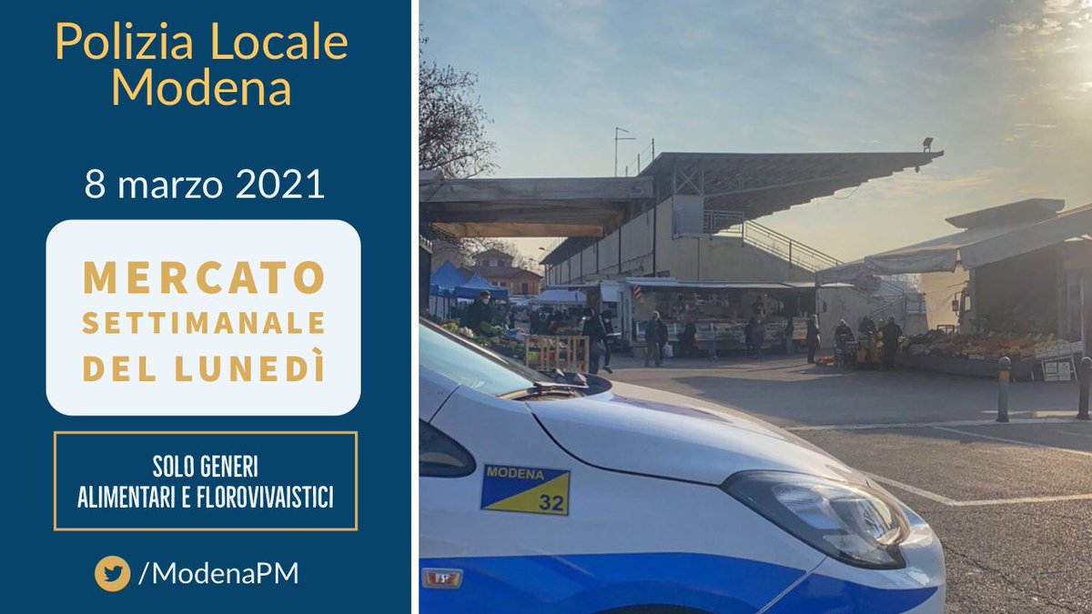 #Viabilità MO #8marzo fino alle ore 14 #mercato settimanale del lunedì al #NoviSad - 🔴 solo banchi di generi alimentari e prodotti florovivaistici
ℹ️ Ricordiamo di:
âś… mantenere la distanza interpersonale di un metro;
âś… indossare la #mascherina https://t.co/gc19j8A0L7