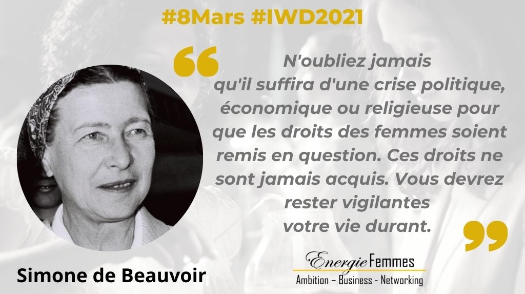 En 1949 Simone de Beauvoir en appelait à notre vigilance : ‘Il suffira d’une crise (...)  pour que les droits des femmes soient remis en question”
En cette période de crise / #pandémie #COVID19 
le #8mars invite à la mobilisation
#IWD2021 #JournéeInternationaleDesDroitsDesFemmes