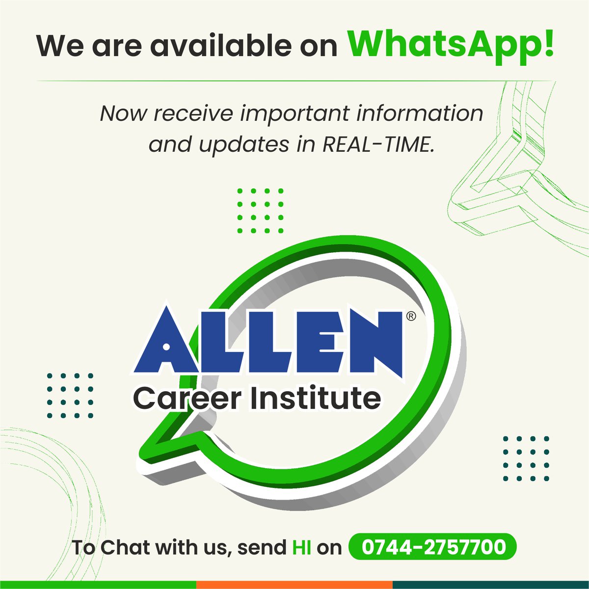 ALLENkota's tweet photo. We are delighted to announce that ALLEN Career Institute is now on the most popular app #WhatsApp.
Just Save📞0744-2757700 in your contact list & send Hi to us; that's it and make most of it.
#KotaCoaching #ALLENKota #DeshKiCoaching #ALLENDigitalClasses https://t.co/UmsUmcIyZU