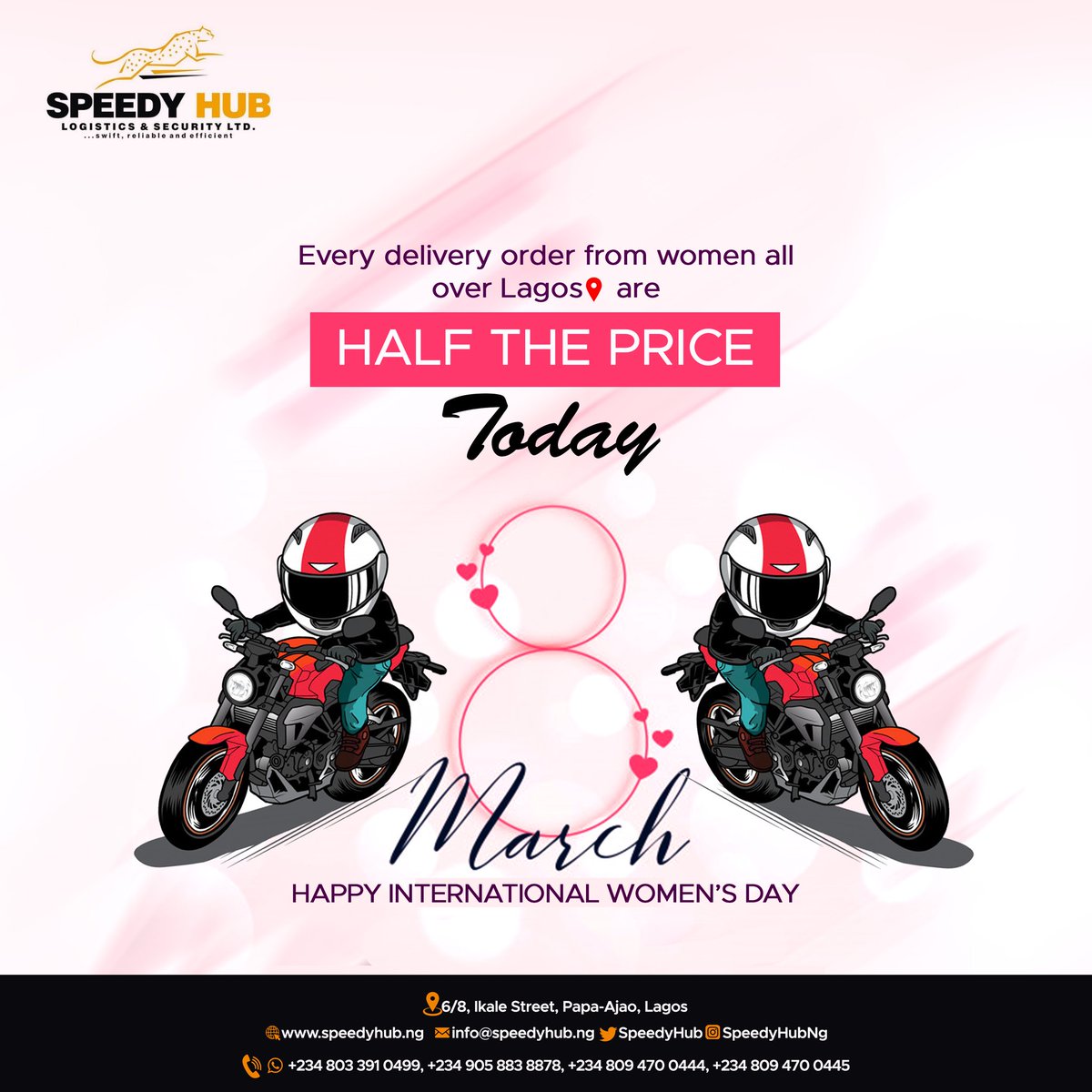 SpeedyHub's tweet photo. To celebrate our delectable women that have chosen to challenge, we're offering every lady half the price today, send in your orders before 12noon and you'll pay half the price.
Happy International Women's day. 
#ChooseToChallenge https://t.co/YD715PSzRX