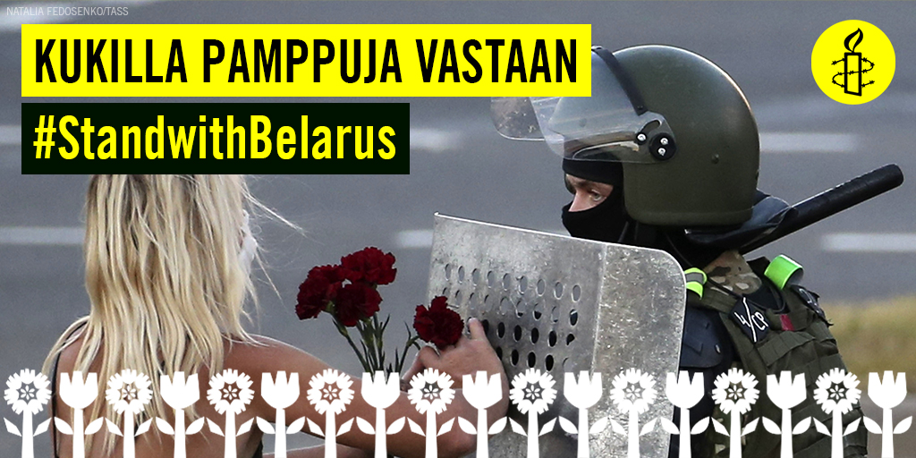 amnestyfinland's tweet photo. JAA VIESTIÄ!💐
 
Tänään #naistenpäivä'nä osoitamme solidaarisuutta niille tuhansille rohkeille valkovenäläisille naisille, jotka viranomaisten sorrosta huolimatta palaavat kaduille vaatimaan oikeuksiaan.
 
#StandWithBelarus https://t.co/HFs5MdEHr6