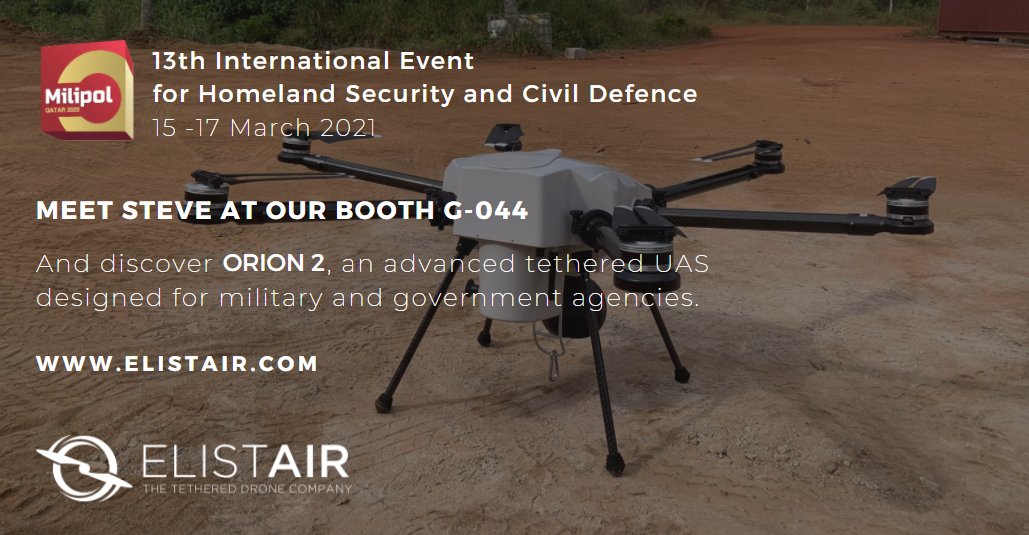 ElistairTC's tweet photo. Getting ready for Milipol Qatar!
The international event for Homeland #Security and Civil Defense.  Meet @ElistairTC at booth G 044, and discover the ORION 2, an advanced tethered #UAS for #military and government agencies. 
#tethereddrone #drone #dronetether #UAV https://t.co/07pN9NSeXr