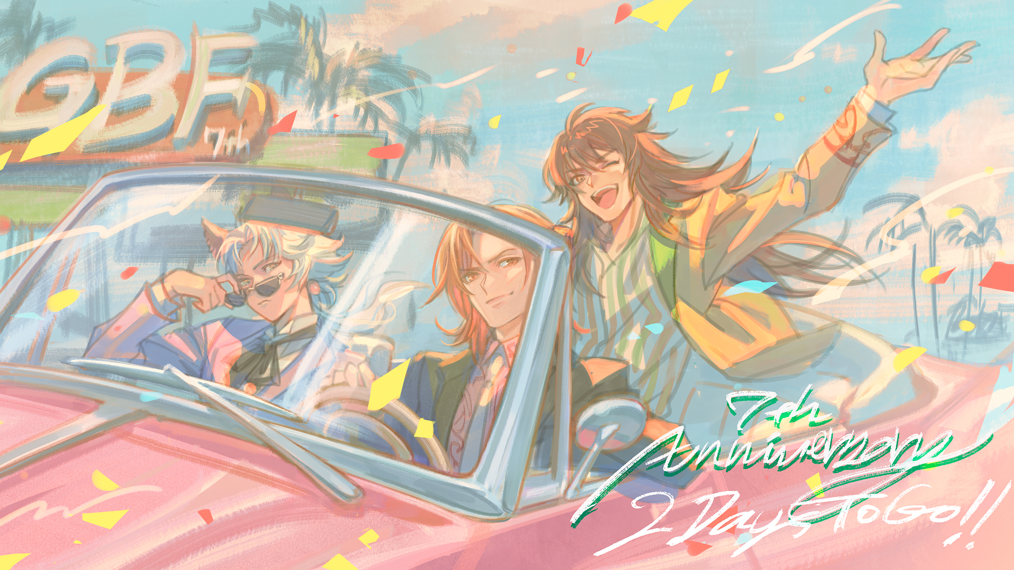 Granblue En Unofficial Two Days Until The 7th Anniversary And Today S Illustration Features Seruel Percival And Nezahualpilli In A Convertible On The Open Road Twitter