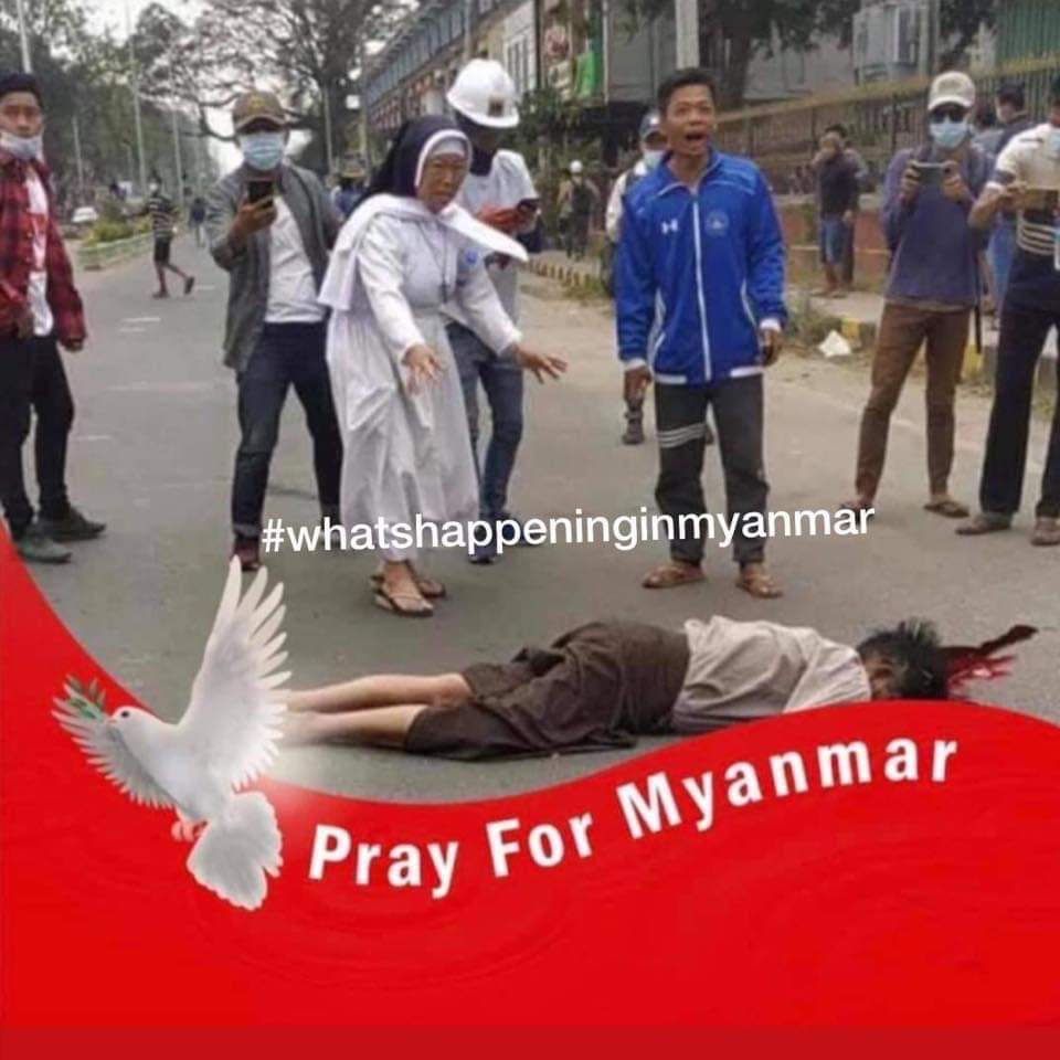 BjyxFan's tweet photo. Though Sister Ann Rose Nu Tawng requested the Military Terrorists not to kill, not to use excessive force, they killed 2 people and wounded many.
You are very brave Sister though the Terrorists do not deserve your bravery and kindness and love.
#Mar8Coup
#WhatsHappeningInMyanmar https://t.co/YqLA8AFiS8