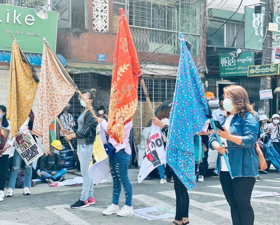On #InternationalWomensDay protestors in Myanmar are using the power of women’s traditional clothing. The graphic reads “Our Longyi (Htamein), Our Flag, Our Victory'. There’s superstition in Myanmar that if men walk underneath a Htamein it will bring bad luck
Pictures: <a href="/cvdom2021/">Civil Disobedience Movement</a>