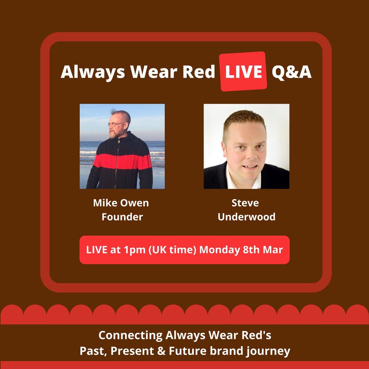 Looking forward to a Live Q&amp;A today at 1pm w/<a href="/hello_mychael/">Mychael Owen</a> (<a href="/alwayswearred/">Always Wear Red</a>, Founder)!...Tune in to hear us Connect the brand’s past, present &amp; future journey...

Live on Twitter via <a href="/steve_und/">Steve Underwood</a> 

AWR makes ‘hand knits that hug you’ &amp; believes ‘Downtime is Life’

#Inspiration
