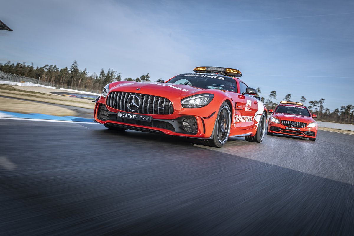 MercedesAMG's tweet image. For the 2021 season on Formula 1, both the Mercedes-AMG Official FIA F1 Safety Car™ and the Official FIA F1 Medical Car™ were painted in a bold red, and with that not only reflect Mercedes-AMG, but also the new Official Safety Car sponsor of @MercedesAMGF1, @CrowdStrike