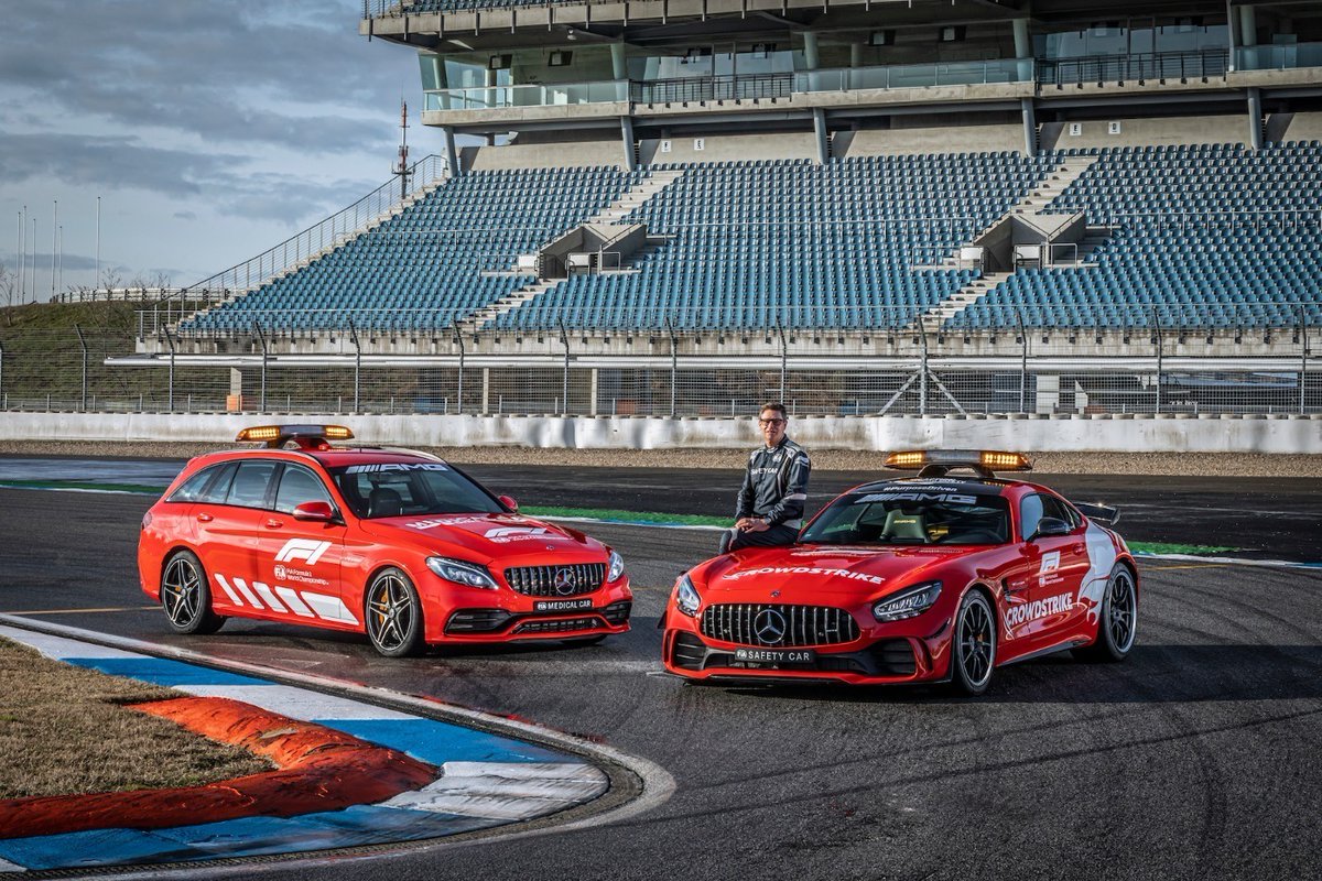 MercedesAMG's tweet image. For the 2021 season on Formula 1, both the Mercedes-AMG Official FIA F1 Safety Car™ and the Official FIA F1 Medical Car™ were painted in a bold red, and with that not only reflect Mercedes-AMG, but also the new Official Safety Car sponsor of @MercedesAMGF1, @CrowdStrike