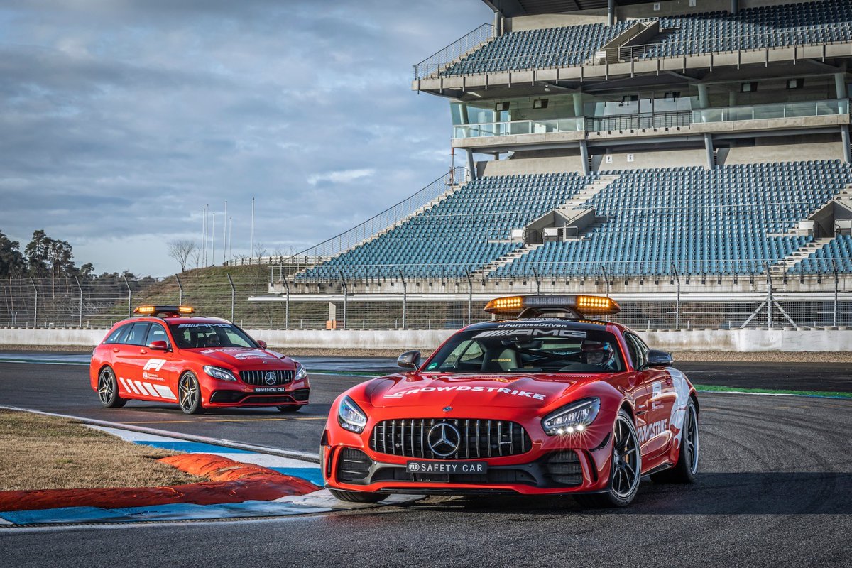 MercedesAMG's tweet image. For the 2021 season on Formula 1, both the Mercedes-AMG Official FIA F1 Safety Car™ and the Official FIA F1 Medical Car™ were painted in a bold red, and with that not only reflect Mercedes-AMG, but also the new Official Safety Car sponsor of @MercedesAMGF1, @CrowdStrike
