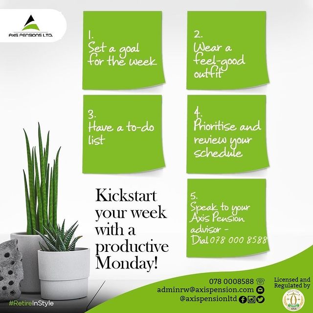 AxisPensionsRw's tweet photo. #RwoT have a productive Monday!
#whyIsave #Rwanda #MondayMotivation https://t.co/bztd9fATlf