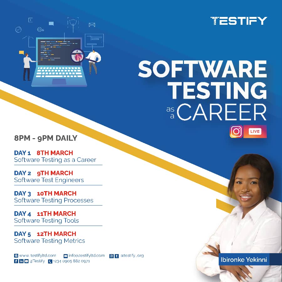Testify_org's tweet photo. UPCOMING EVENTS:
1.) SOFTWARE TESTING A CAREER with Ibironke Yekini
Venue: Instagram Live (@testify_org)
Time: 8pm daily. (Monday- Friday)
#SoftwareTesting #QualityAssurance #Testing #CareerFair #Testers #Careers #TestifyNg https://t.co/cbGYqvVhHX