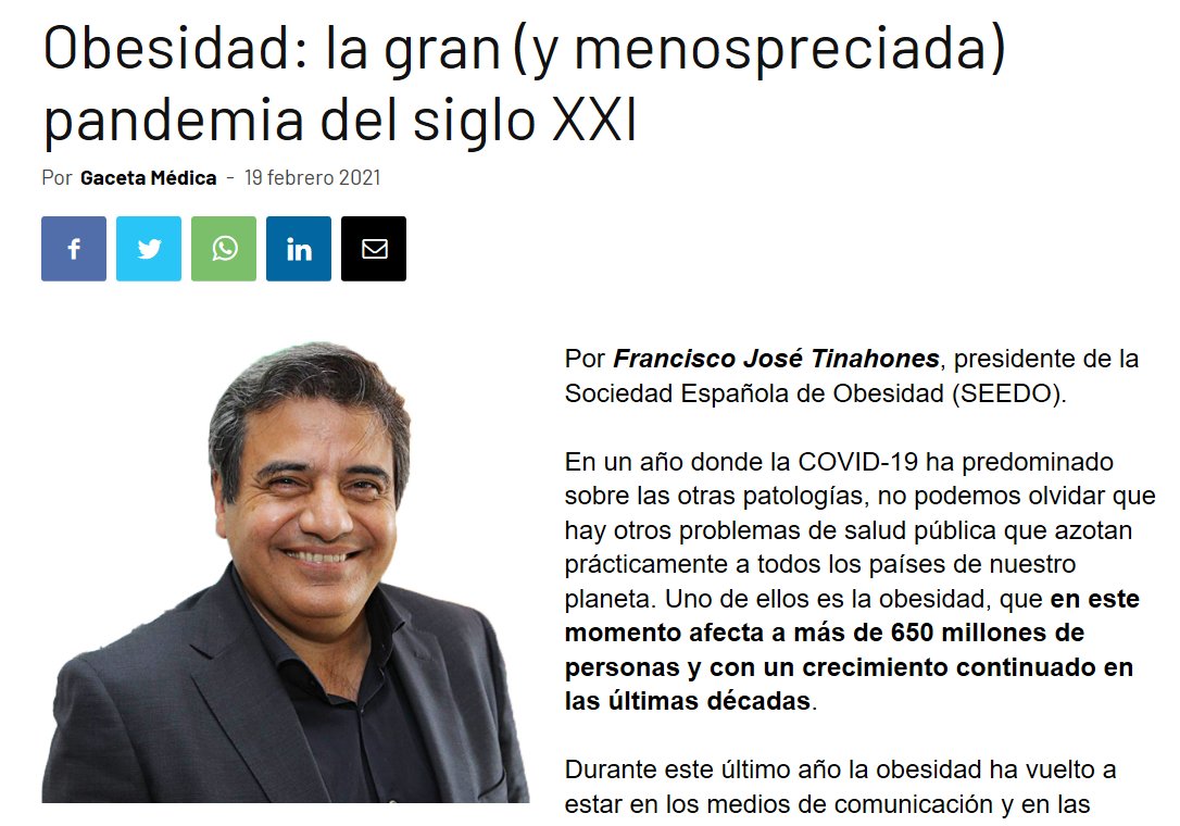 Seedo (@sociedadseedo) on Twitter photo Ambas pandemias -#obesidad y #coronavirus- se han retroalimentado. "Curiosamente, las personas que conocían que la obesidad afectaba negativamente a la #COVID19, fueron las que menos peso aumentaron en el confinamiento"<a href="/DrTinahones/">Francisco Tinahones</a> para <a href="/GacetaMedicaCom/">Gaceta Médica</a>
ow.ly/AzwC50DQMLY Ambas pandemias -#obesidad y #coronavirus- se han retroalimentado. "Curiosamente, las personas que conocían que la obesidad afectaba negativamente a la #COVID19, fueron las que menos peso aumentaron en el confinamiento"<a href="/DrTinahones/">Francisco Tinahones</a> para <a href="/GacetaMedicaCom/">Gaceta Médica</a>
ow.ly/AzwC50DQMLY