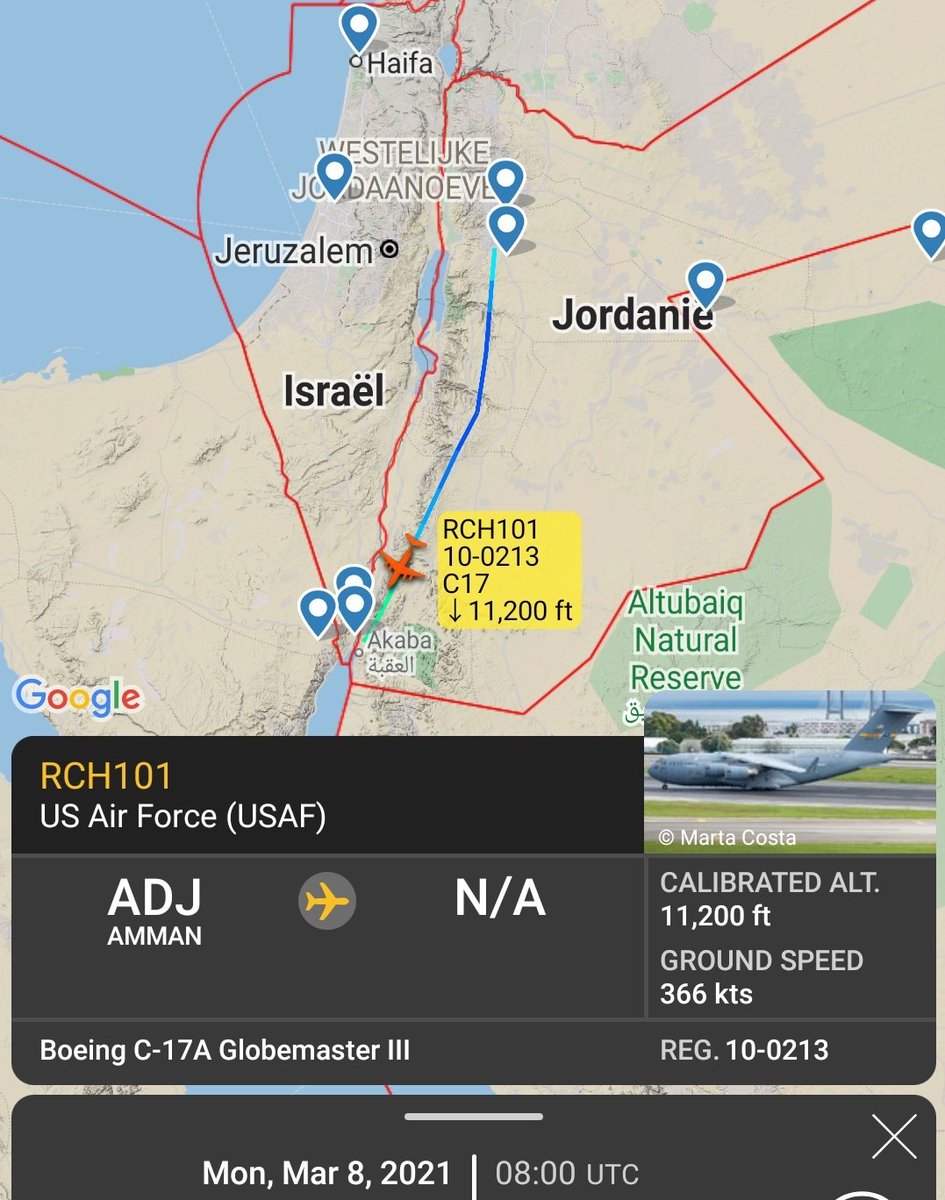 Gerjon_'s tweet photo. Interesting domestic 🇯🇴#Jordan flight of United States Air Force Boeing C-17A Globemaster III reg. 🇺🇸10-0213 as #RCH101: #Amman to #Aqaba. https://t.co/yNPSOE6Hcf