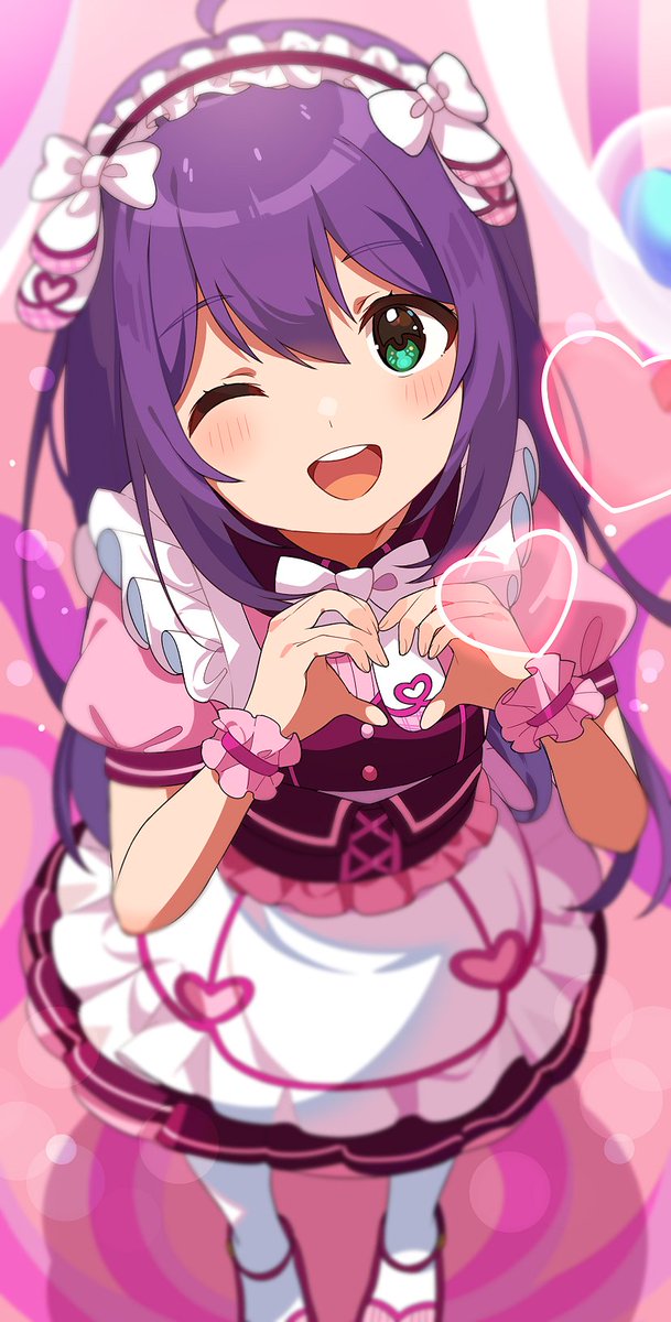 mochizuki anna 1girl solo one eye closed heart hands heart purple hair smile  illustration images