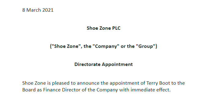 Shoe Zone finance director Mr. Foot has been replaced by Mr. Boot.