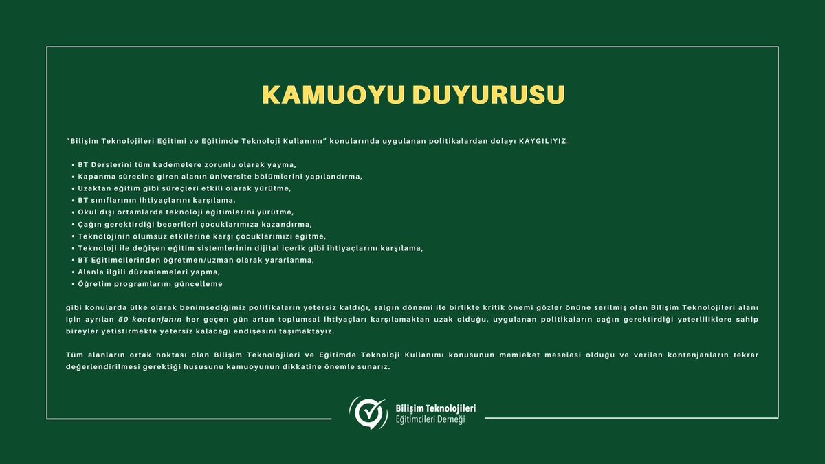📢 BTE Derneği Kamuoyu Duyurusudur. 📢

<a href="/burcuyilmaz_bte/">Burcu Yılmaz</a> <a href="/btoplatformu/">Bilişim Öğretmenleri</a>
#BilişimleGelecek50ileGelmez 
#BilisimCaginda50CokAz