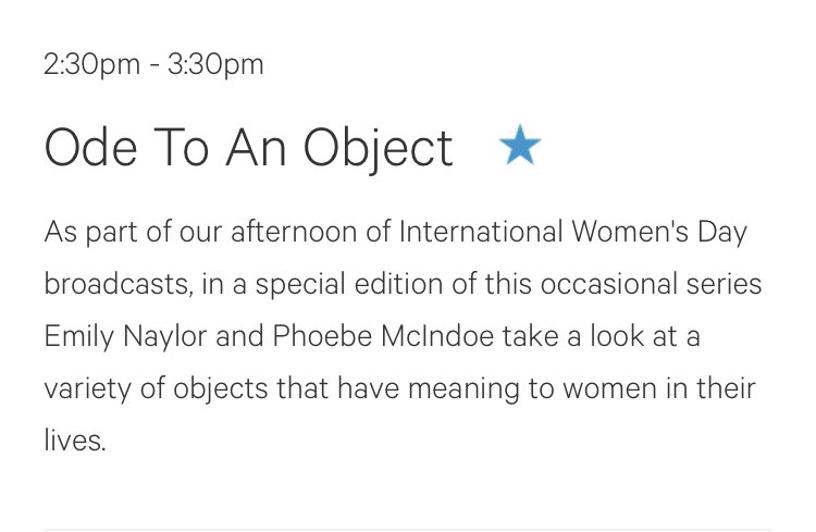 Emily Naylor (@erjnaylor) on Twitter photo Happy international women’s day! What a joy and pleasure to make this special episode of Ode to an Object with <a href="/PhoebeMcindoe/">Phoebe McIndoe</a>. On <a href="/ResonanceFM/">Resonance FM</a> today at 2.30pm resonancefm.com. Happy international women’s day! What a joy and pleasure to make this special episode of Ode to an Object with <a href="/PhoebeMcindoe/">Phoebe McIndoe</a>. On <a href="/ResonanceFM/">Resonance FM</a> today at 2.30pm resonancefm.com.