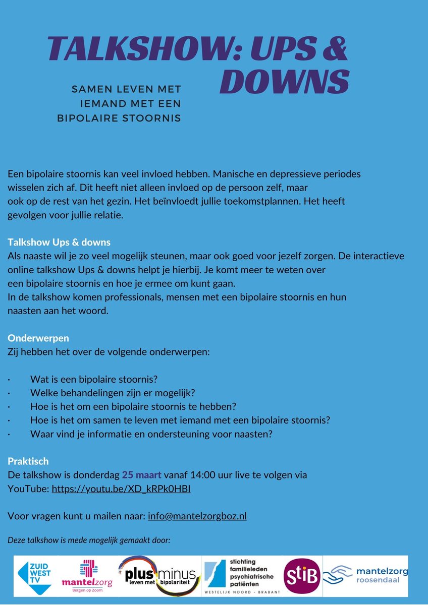 StiBBreda's tweet photo. Tijdens de week van de #psychiatrie: TALKSHOW UPS &amp; DOWNS, samen leven met iemand met een #bipolaire #stoornis 

📆 donderdag 25 maart vanaf 14:00 uur 

live te volgen via YouTube: https://t.co/MjIjAxst3K en het kanaal van ZuidWest TV - FM. https://t.co/8RnnmdWhLb