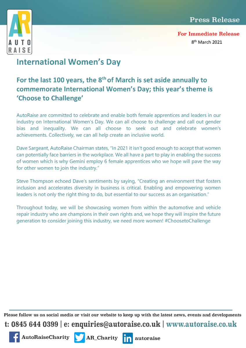 AR_Charity's tweet image. AutoRaise are committed to celebrate and enable both female apprentices and leaders in our industry on International Women’s Day. We can all choose to challenge and call out gender bias and inequality. #ChooseToChallenge #IWD2021 #girlpower