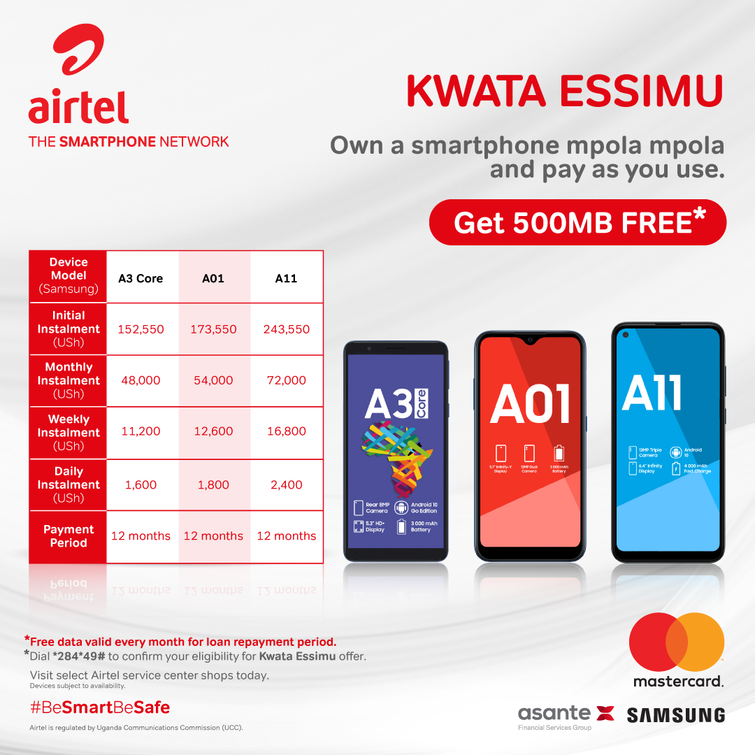 Appreciate the special woman in your life today with her very own Smartphone with Airtel Kwata Essimu.

Dial *284*49# to confirm your eligibility and pay for it in daily, weekly and monthly installments. Visit the nearest Airtel service center to get yours today.