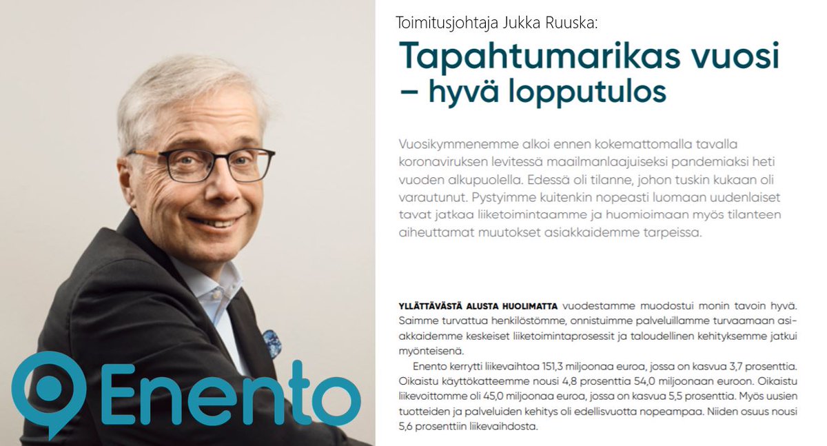 Olipa vuosi! #EnentoGroup'ille 2020 oli kasvun paikka. Teimme sen taloudellisesti, mutta ennen kaikkea organisaationa osoitimme, että pystymme mukautumaan muuttuviin olosuhteisiin! Tutustu vuosikertomukseemme: enento.com/tiedotteet/yks…
#WeBuildTrust #WeGrowTogether #WeCareAndDare