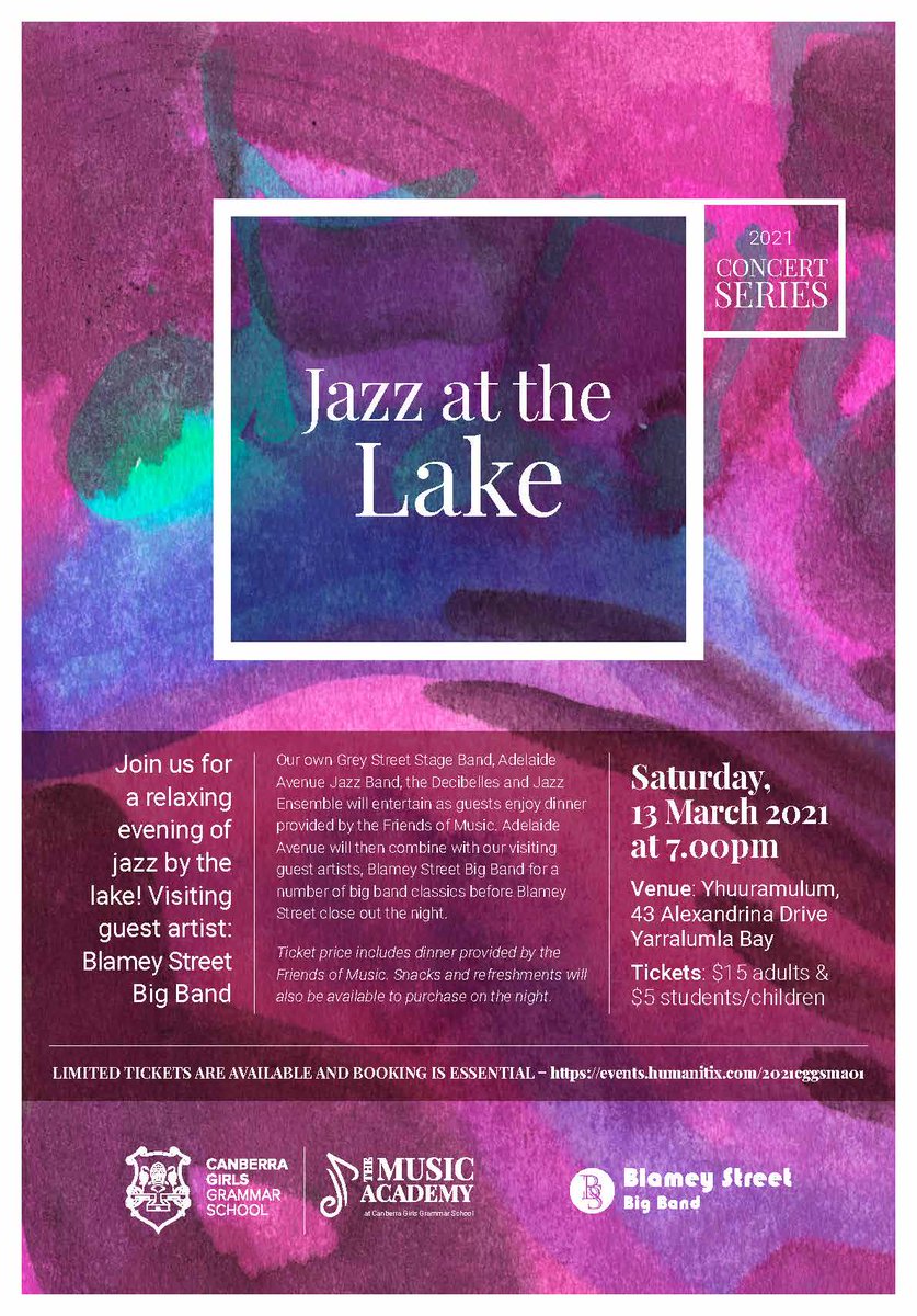 The Music Academy (@musicacademygg) on Twitter photo Don't miss our first Concert Series event for 2021, Jazz at the Lake this Saturday 13 March 7pm! <a href="/_CGGS/">Canberra Girls Grammar School</a> events.humanitix.com/2021cggsma01 Don't miss our first Concert Series event for 2021, Jazz at the Lake this Saturday 13 March 7pm! <a href="/_CGGS/">Canberra Girls Grammar School</a> events.humanitix.com/2021cggsma01