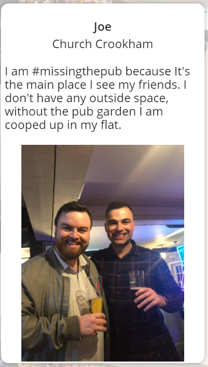 CampaignforPubs's tweet photo. Our #UKPubs are an extension of our own homes. For many it's a chance to get out of the home and see old &amp; new faces! 

Joe is #missingthepub Are you? 

Join the online conversation to say what you are missing most about #Pubs https://t.co/SOaHXw9GjP https://t.co/svauVCAqAI